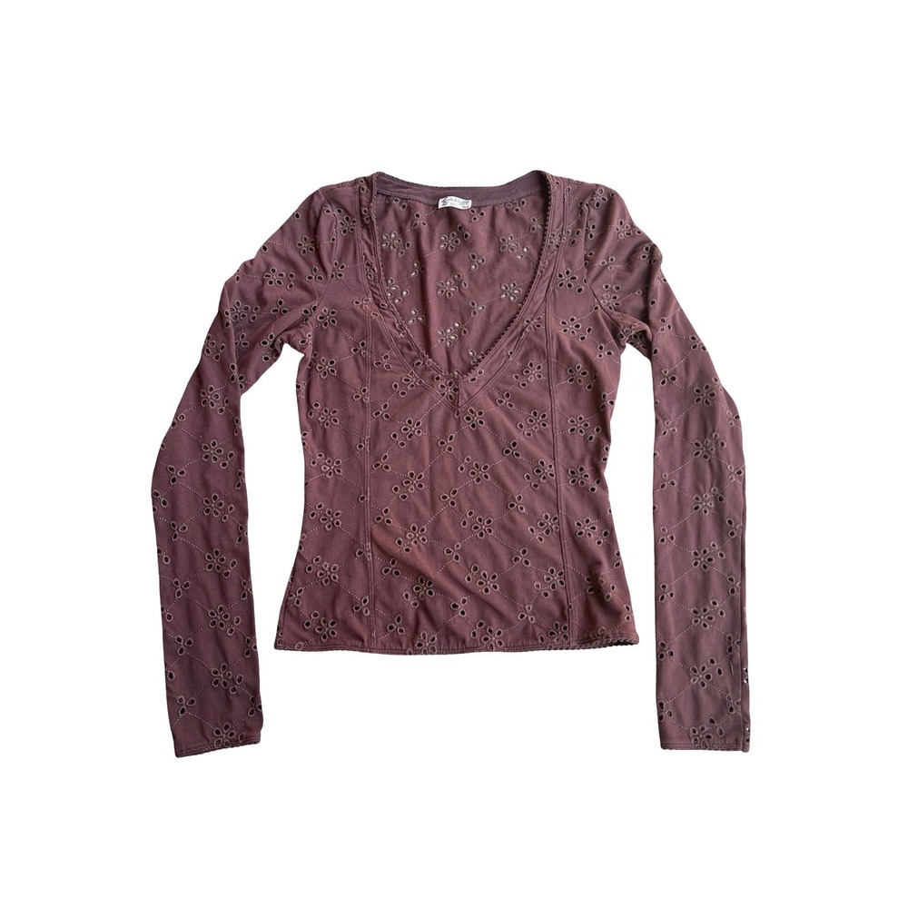 Intimately Free People Brown Floral Eyelet V-Neck Long Sleeve Boho Chic Top Sz S